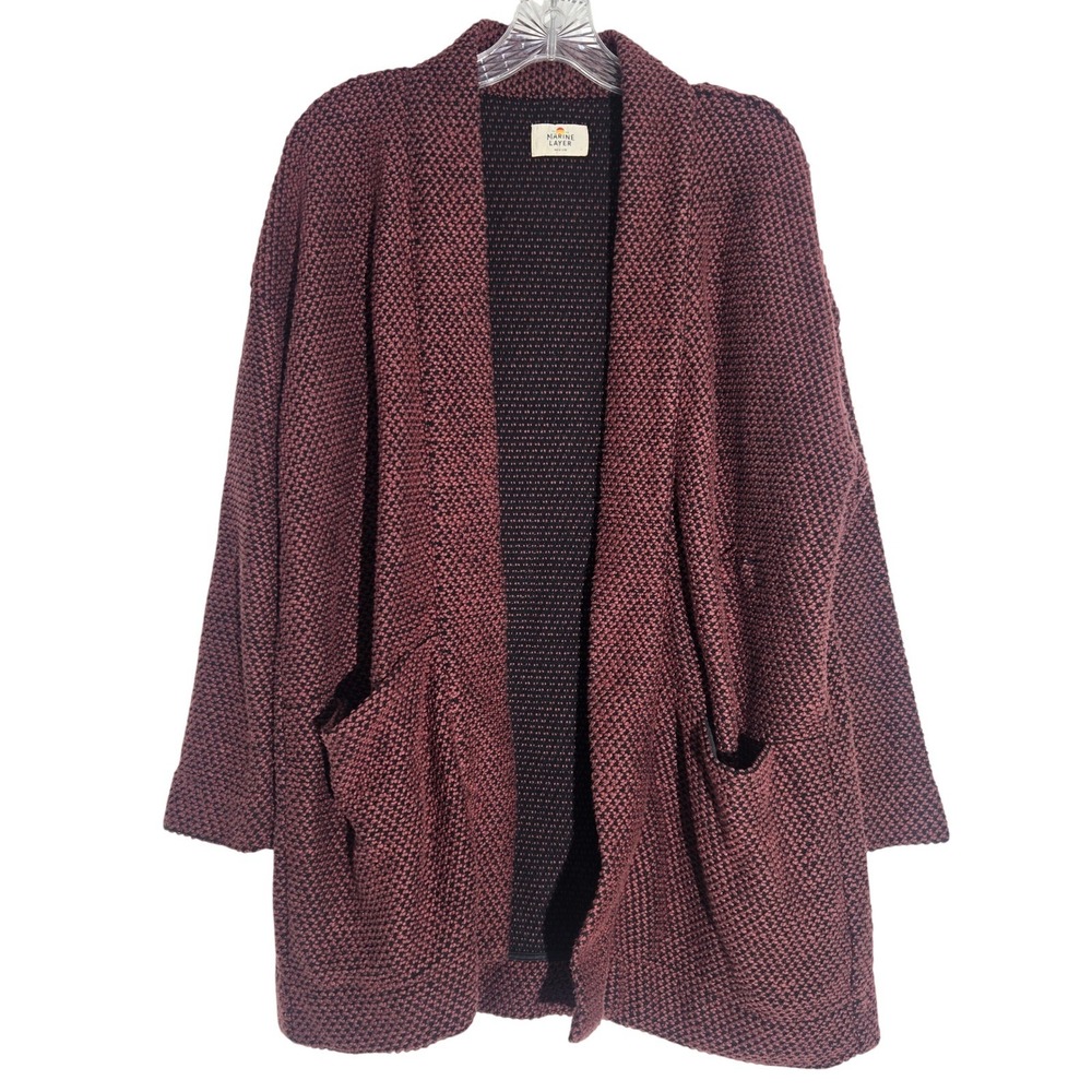 Marine Layer Women's Medium Burgundy Black‎ Textured Knit Open Front Cardigan